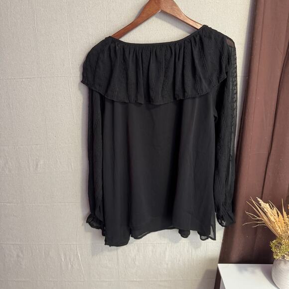 1 State Blouse Size 2X Black Sheer Layered Long Sleeve Embroidered Ruffle Neck - Picture 6 of 10